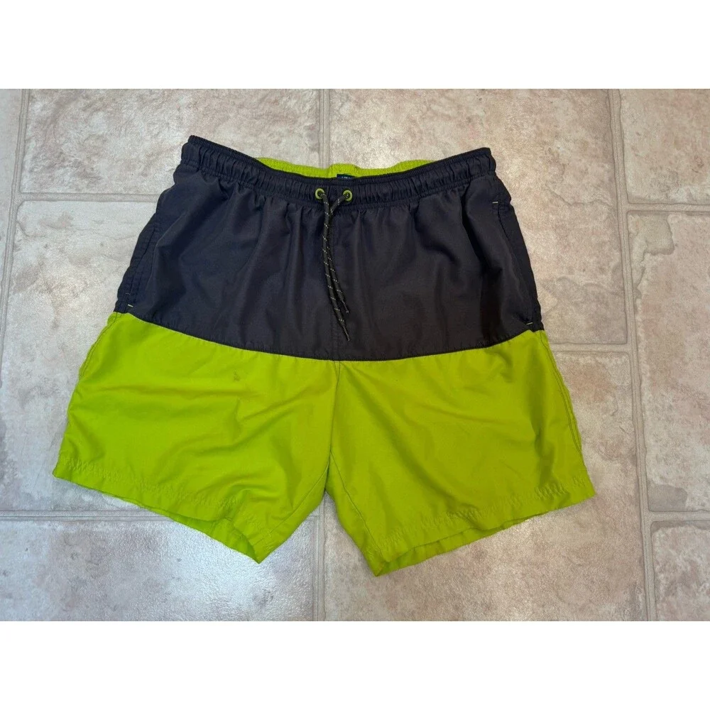 George Men’s L 36-38 Swim Trunks Lime Green Black Colorblock Drawstring